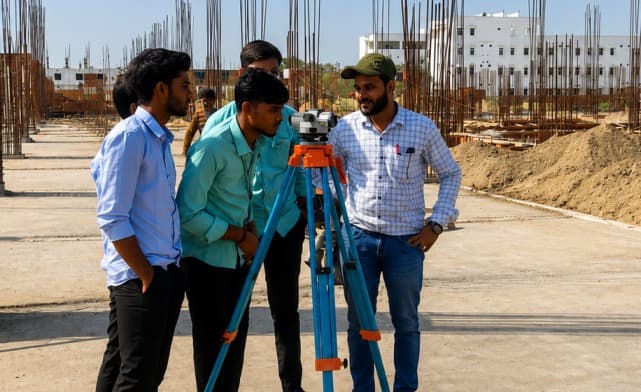 Civil engineering students practicing surveying on the grounds.